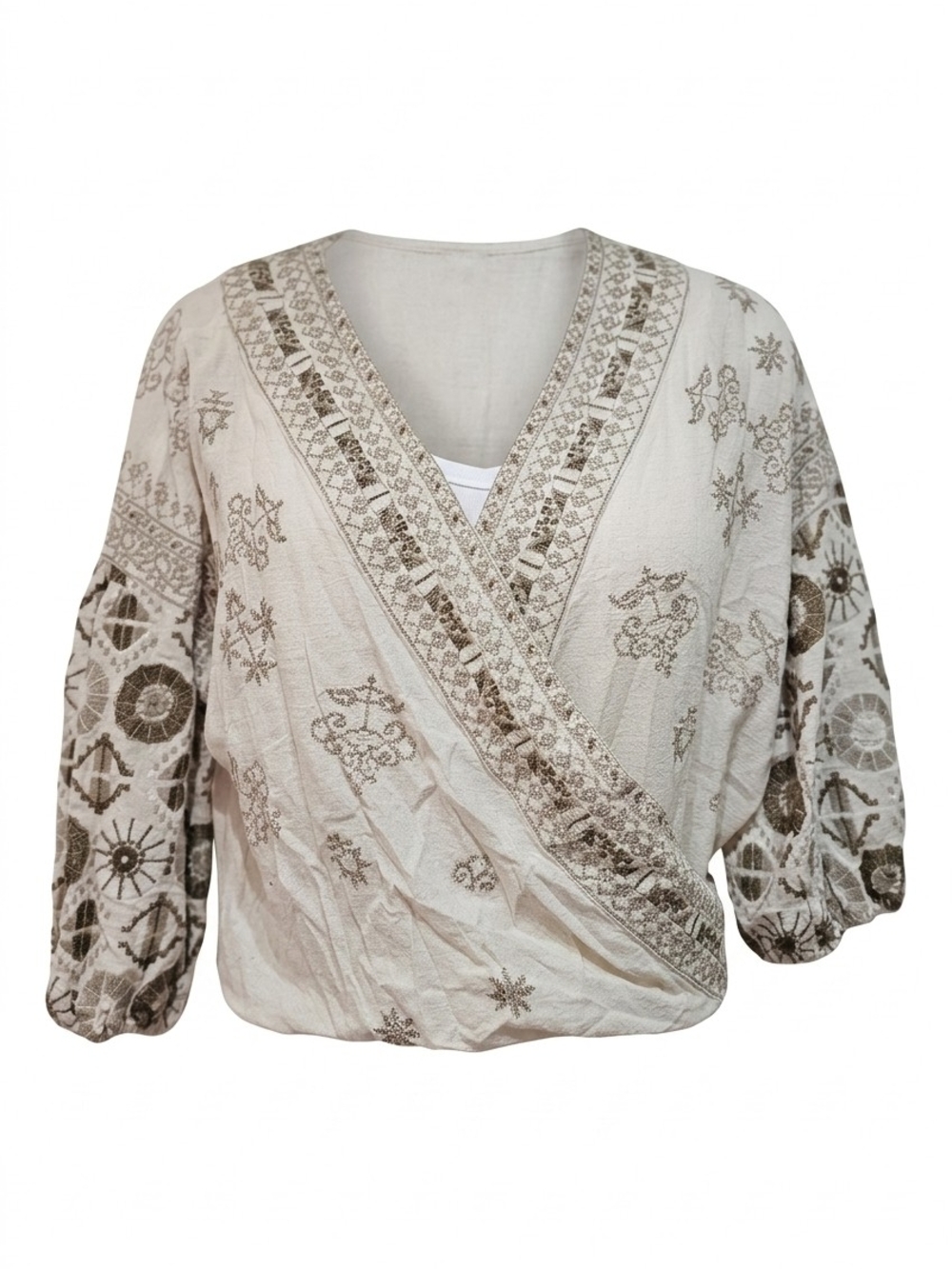 Free People Ivory Embroidered Surplice Wrap Top - Balloon Sleeve